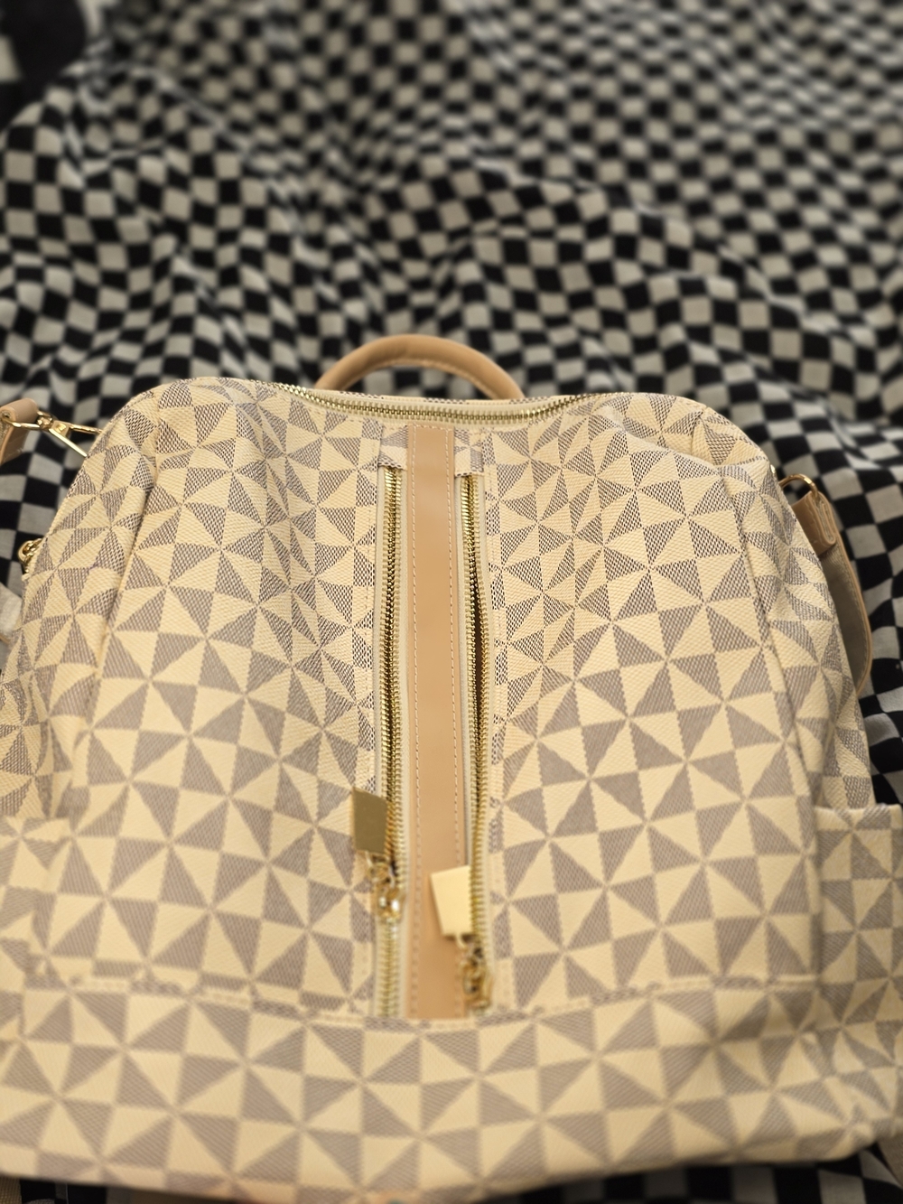 Geometric Beige Canvas Tote Bag with Tan Trim With Matching Wallet